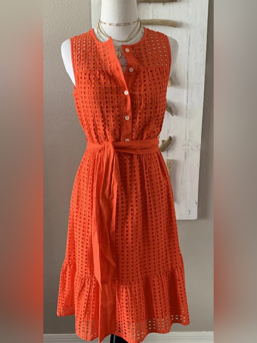 Sleeveless Orange Eyelet Midi Dress with Waist Tie